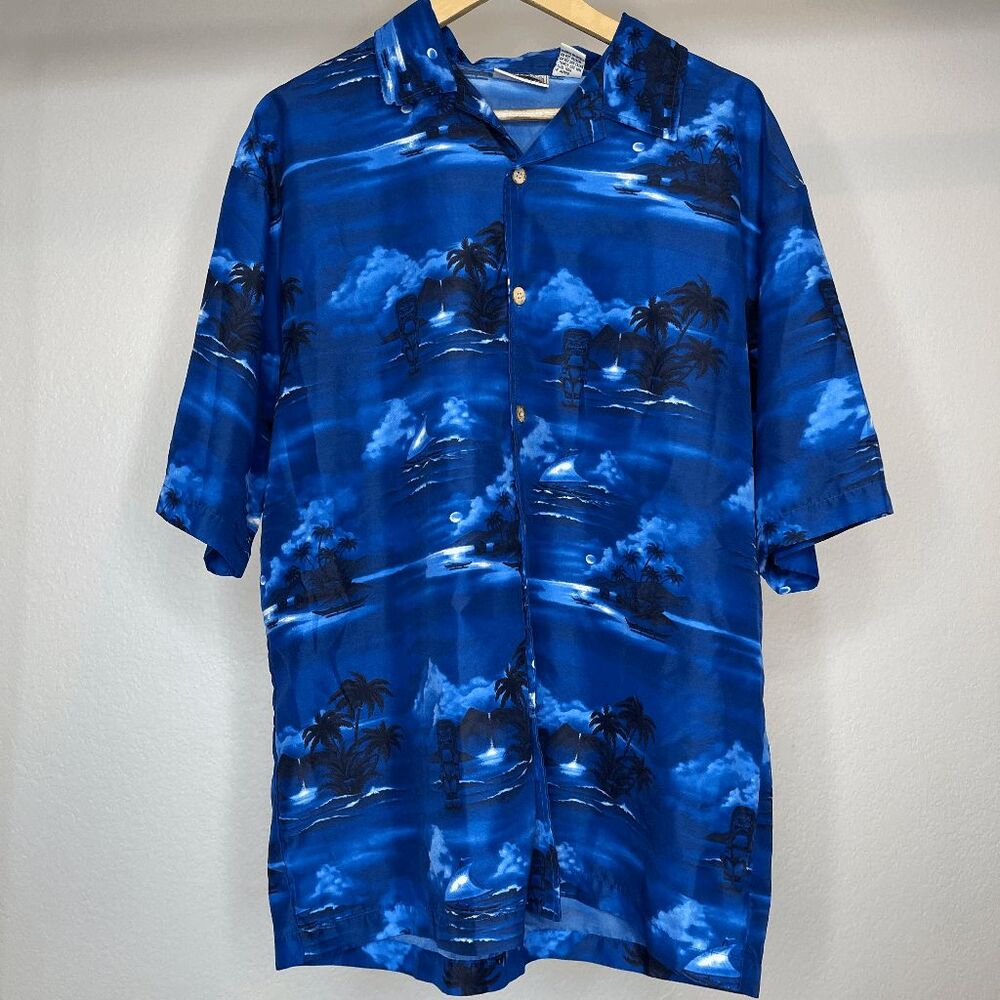 Vintage‎ Y2K Street Culture Blue Hawaiian Button Up Shirt Mens XL